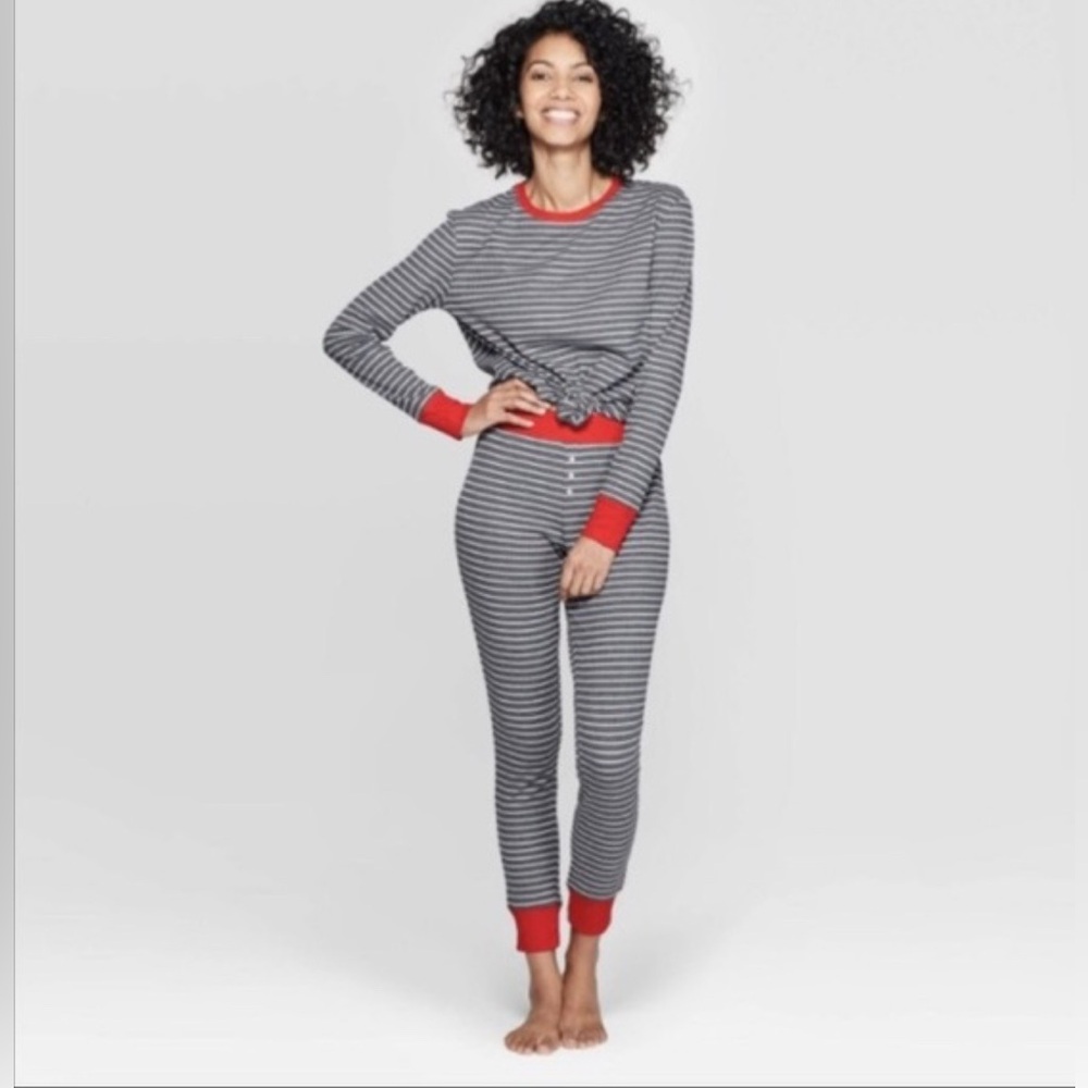 Stars Above Gray Striped Thermal Pajama Set.